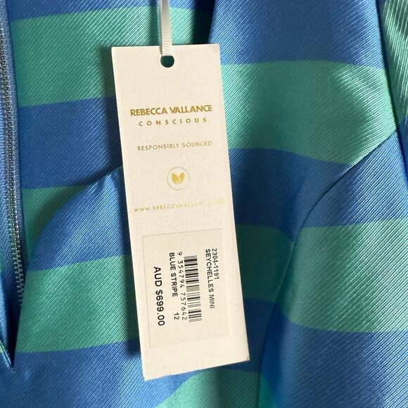 Rebecca Vallance Seychelles Blue Stripe Puff Sleeve Belted Mini Dress Size 8 - Picture 13 of 16